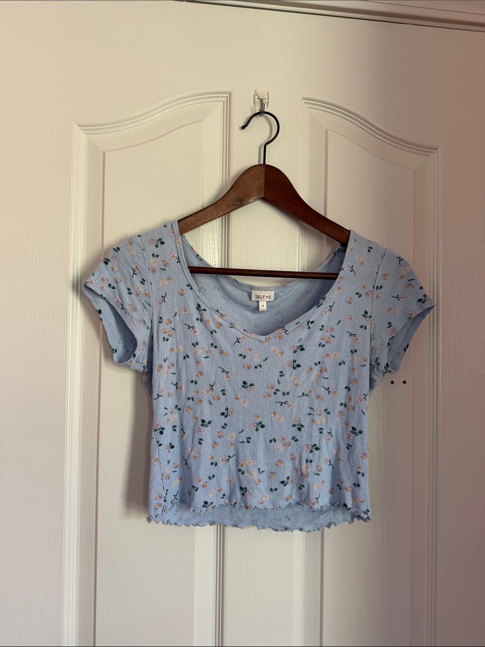 Light Blue Floral Ribbed V-Neck Crop Top